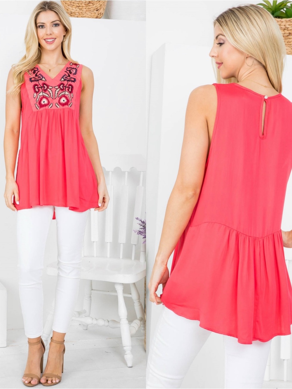 Sleeveless Embroidered V-Neck Tunic Top in Coral